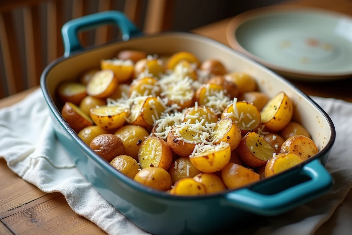 Pommes de terre rôties avec parmesan dans un plat en email