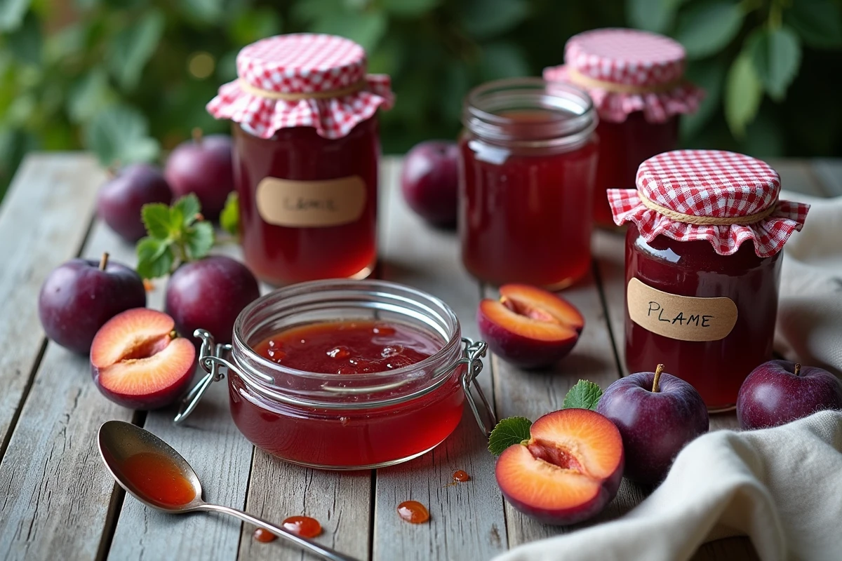 Pots de confiture maison aux prunes avec fruits frais sur une table en bois dans un jardin