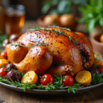 Poulet rôti sur une table en bois avec légumes colorés