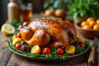 Poulet rôti sur une table en bois avec légumes colorés