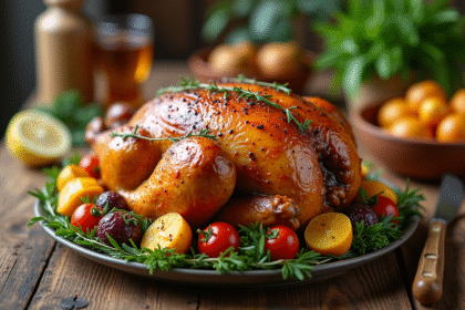 Poulet rôti sur une table en bois avec légumes colorés