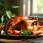 Poulet rôti entouré de légumes frais colorés sur une table en bois