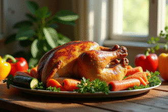 Poulet rôti entouré de légumes frais colorés sur une table en bois