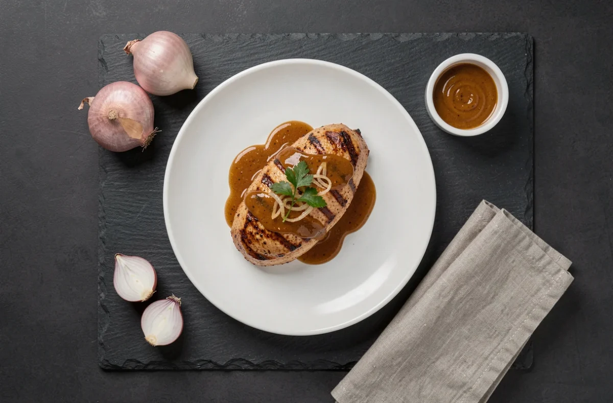Poulet grillé nappé de sauce à l'échalote sans vin dressé sur une assiette blanche sur ardoise noire