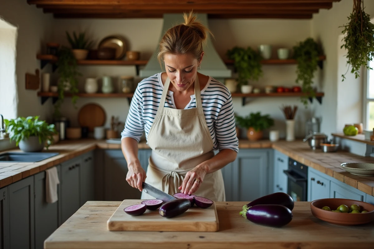 Femme préparant des aubergines fraîches sur une planche en bois dans une cuisine de campagne française avec tablier en lin