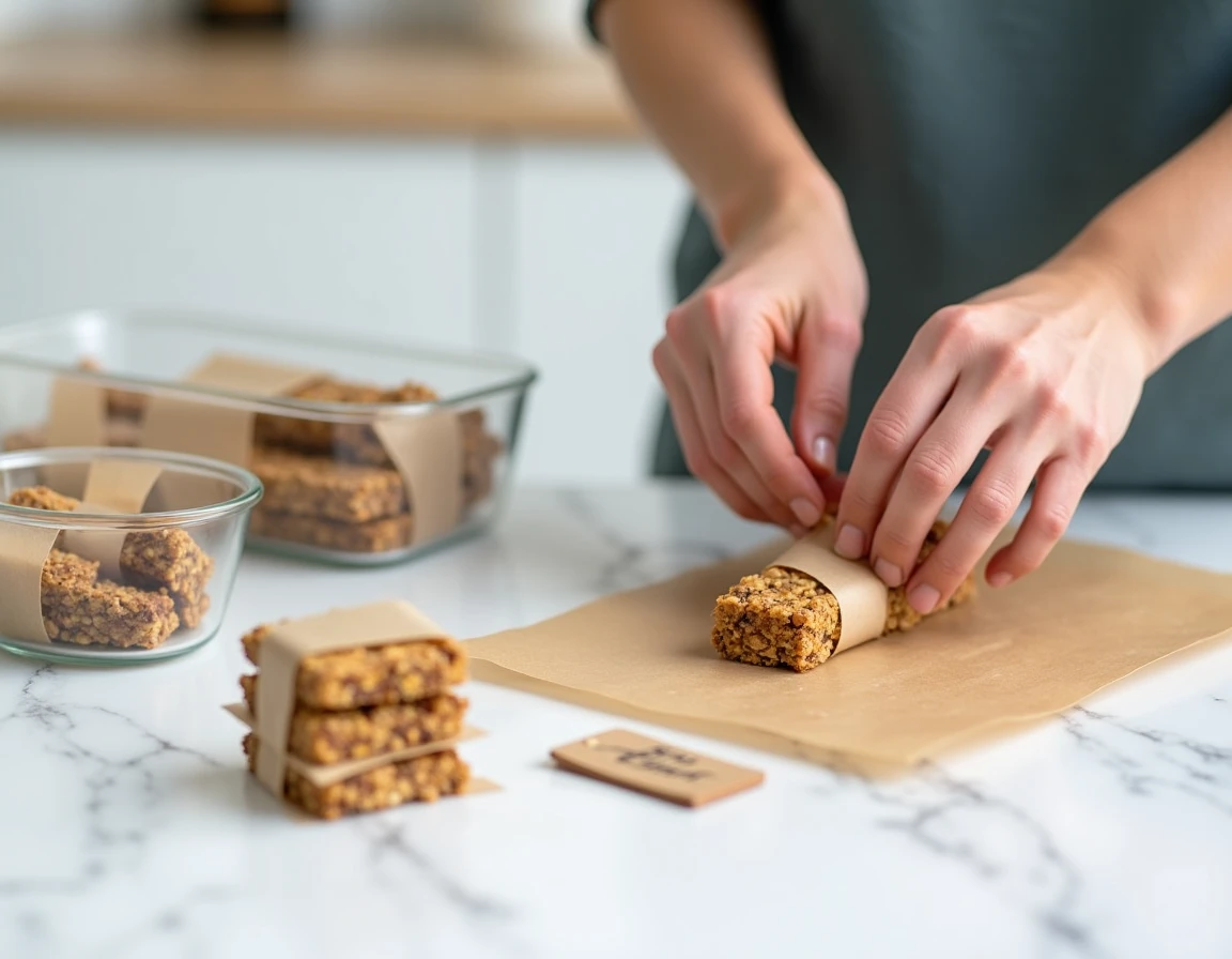 Mains préparant des barres de céréales maison pour le batch cooking de la semaine, emballées dans du papier kraft sur un plan de travail en marbre blanc