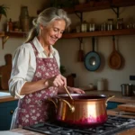 Femme préparant une confiture aux prunes dans une cuisine de ferme rustique avec une casserole en cuivre