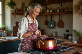 Femme préparant une confiture aux prunes dans une cuisine de ferme rustique avec une casserole en cuivre