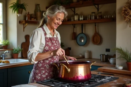 Femme préparant une confiture aux prunes dans une cuisine de ferme rustique avec une casserole en cuivre