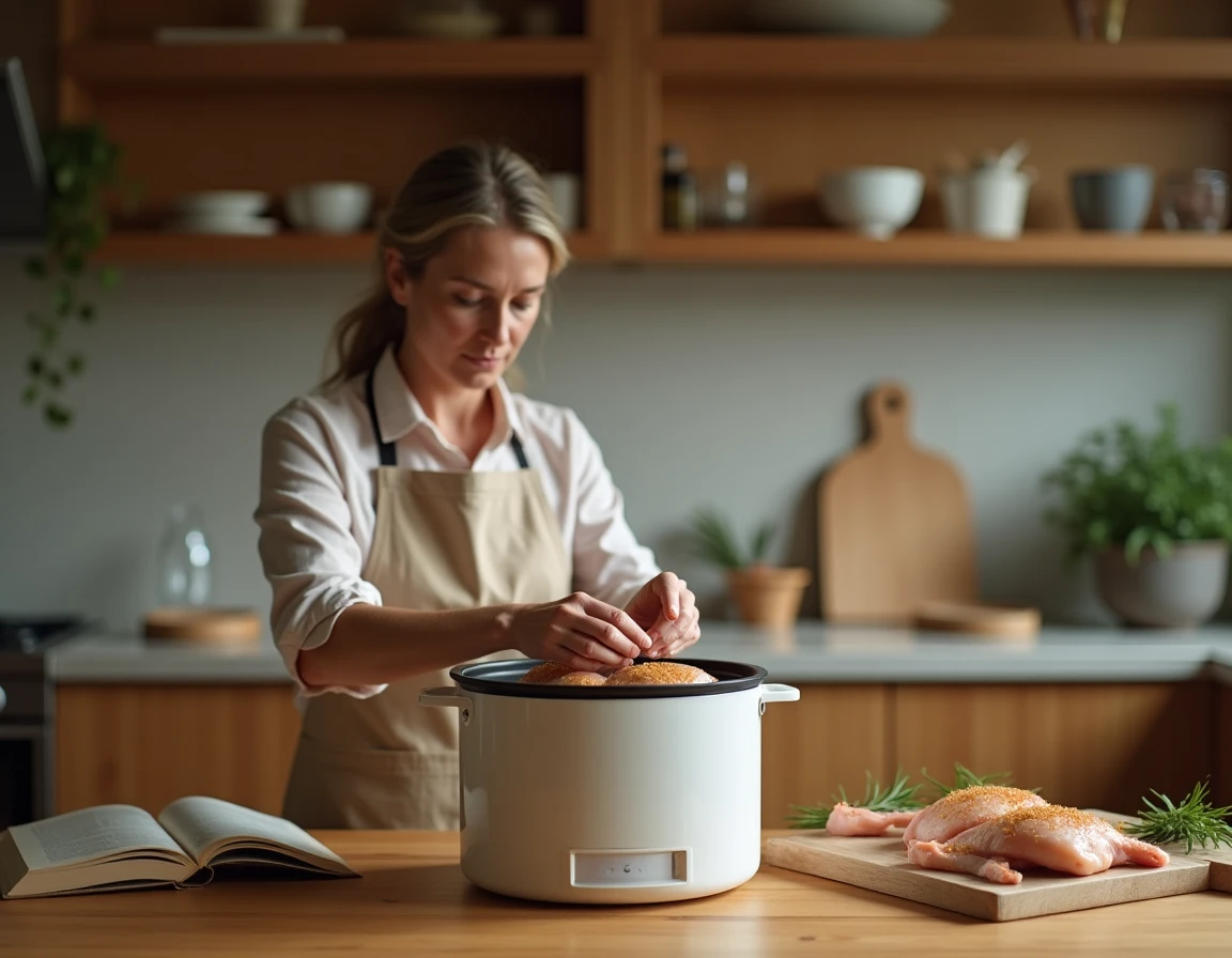 Femme préparant des cuisses de poulet crues assaisonnées dans un Cookeo en cuisine