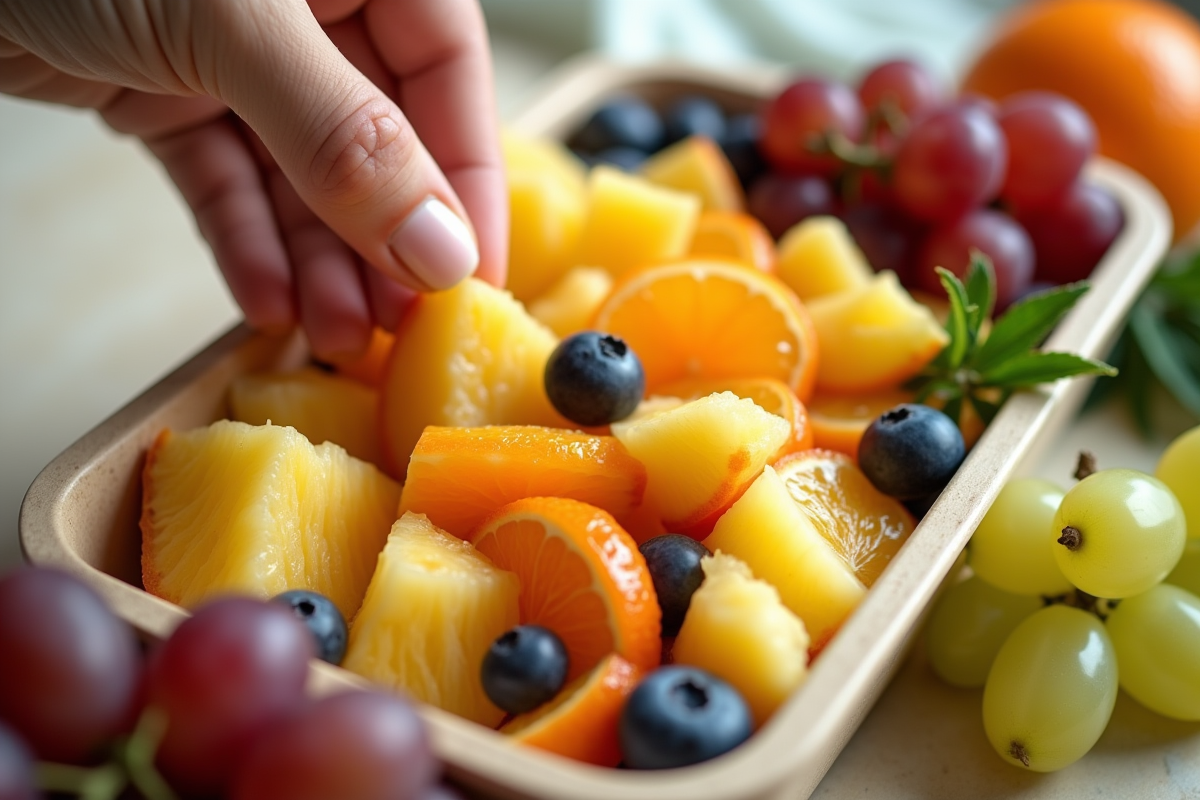 Main plaçant des morceaux de fruits frais dans une lunchbox