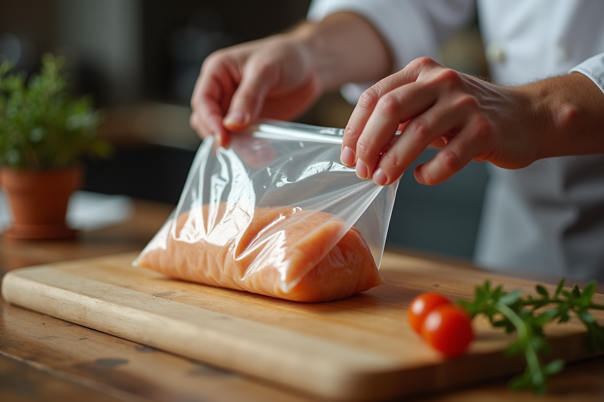 Les mains d'un chef préparant du foie gras cru pour la congélation