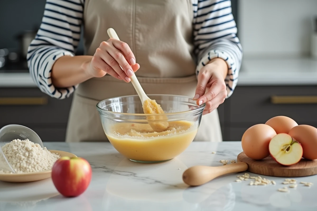 Femme préparant un gâteau sans sucre à la compote de pomme maison dans une cuisine moderne, mélangeant la pâte avec une spatule