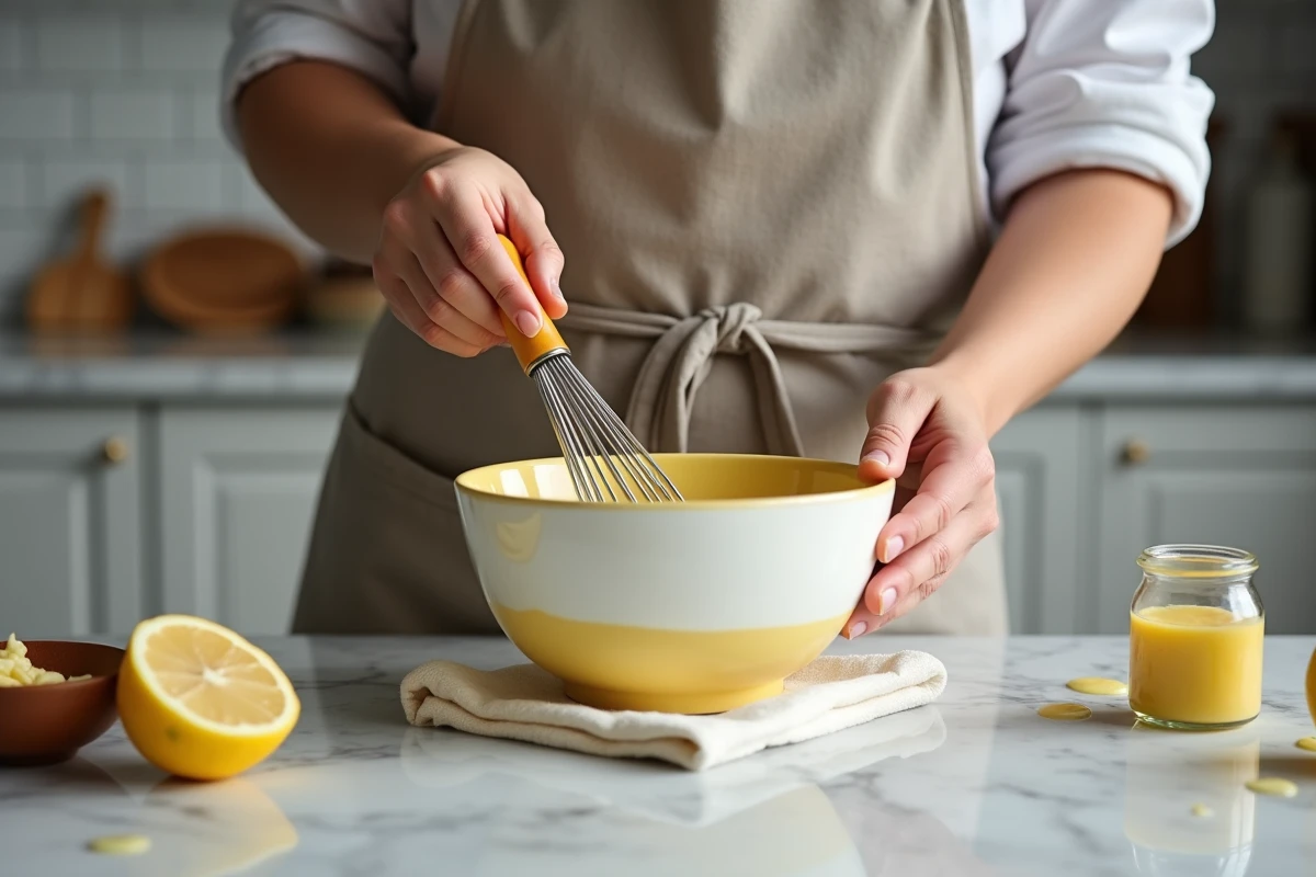 Femme préparant une mayonnaise maison au fouet dans un bol en céramique sur plan de travail en marbre