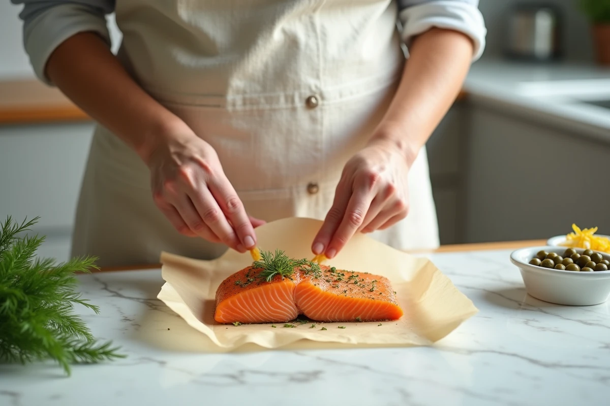 Femme préparant une papillote de saumon avec herbes fraîches sur un plan de travail en marbre dans une cuisine moderne
