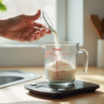 Personne versant de la farine dans une tasse mesure de 1/2 cup dans une cuisine lumineuse