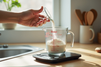 Personne versant de la farine dans une tasse mesure de 1/2 cup dans une cuisine lumineuse
