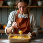 Femme versant de la pâte de fruit à la pomme maison dans un moule tapissé de papier cuisson sur un plan de travail en bois rustique
