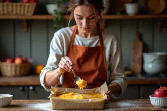 Femme versant de la pâte de fruit à la pomme maison dans un moule tapissé de papier cuisson sur un plan de travail en bois rustique