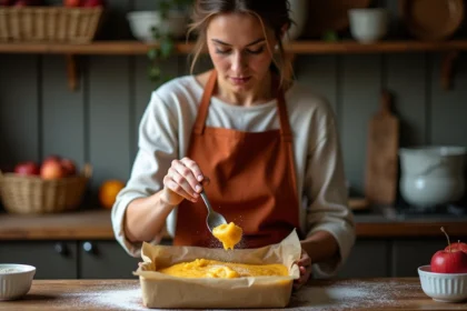 Femme versant de la pâte de fruit à la pomme maison dans un moule tapissé de papier cuisson sur un plan de travail en bois rustique