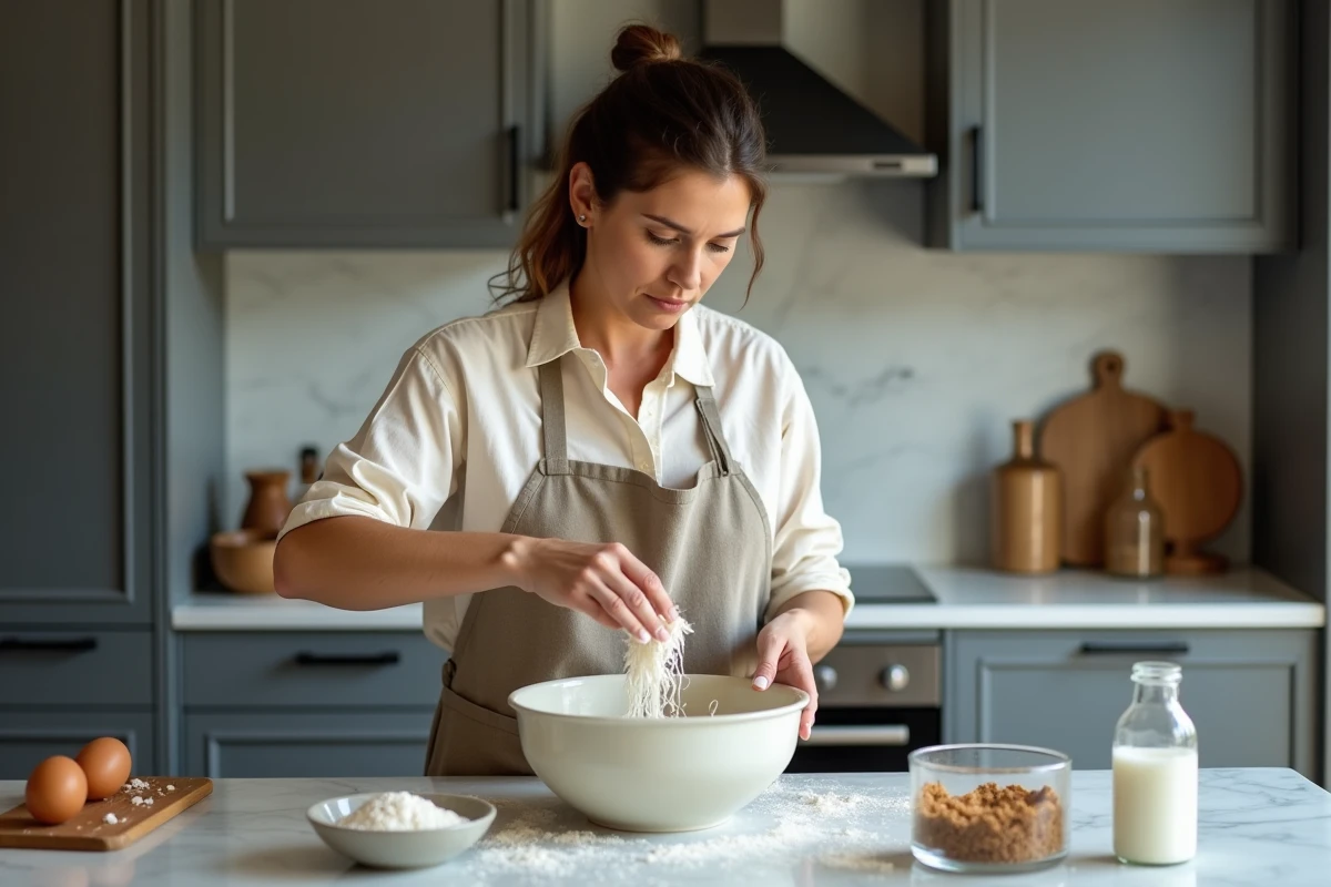 Femme préparant une pâte à gâteau à la noix de coco sans gluten dans un bol en céramique sur un plan de travail en marbre