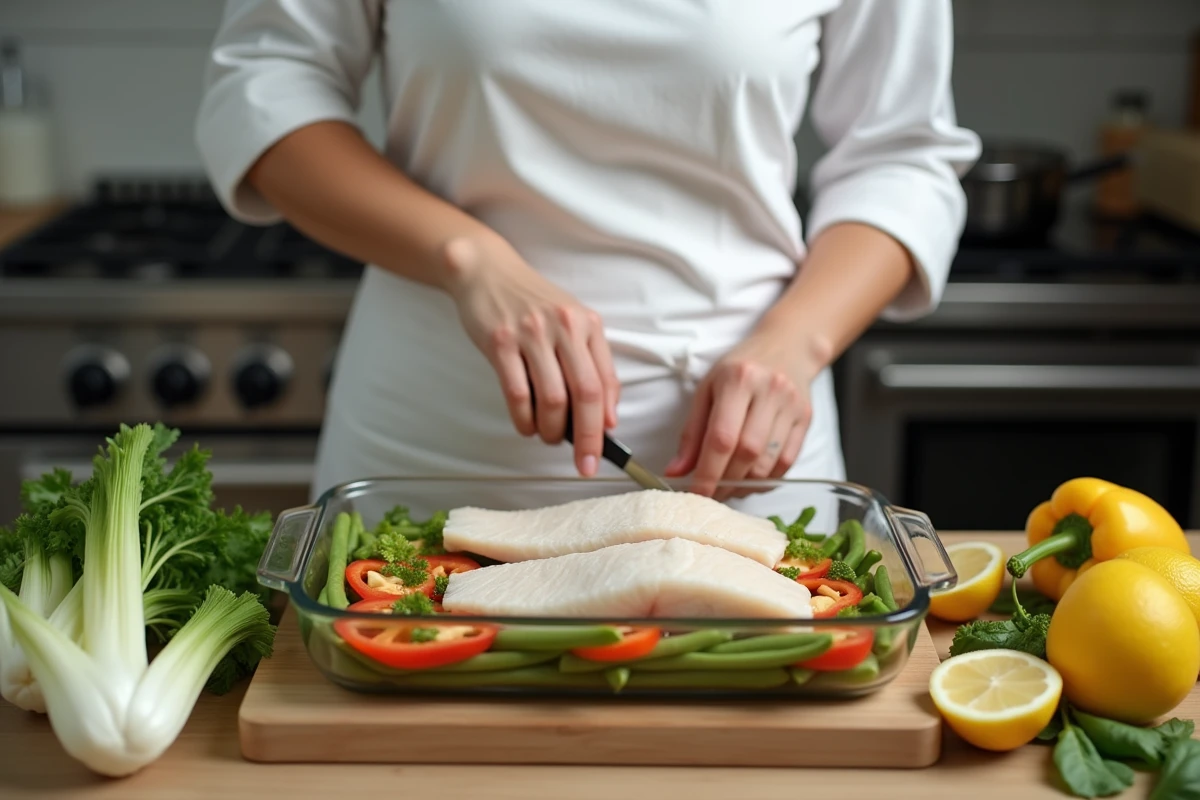 Cheffe cuisinière préparant un plat de poisson blanc aux légumes frais dans une cuisine moderne