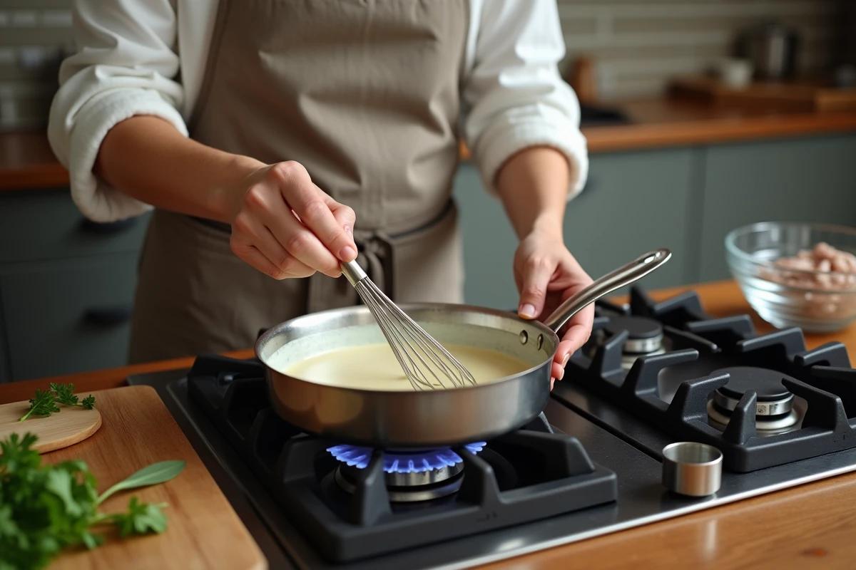 Cuisinière préparant une sauce blanquette de veau crémeuse dans une petite casserole pour adapter les doses à deux personnes