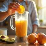 Personne préparant un smoothie avec fruits frais dans une cuisine lumineuse