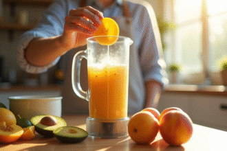Personne préparant un smoothie avec fruits frais dans une cuisine lumineuse