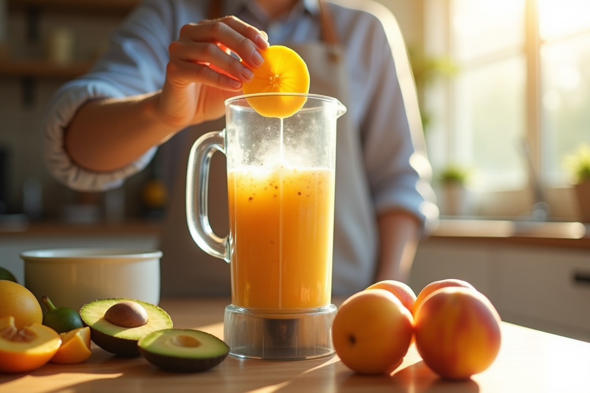 Personne préparant un smoothie avec fruits frais dans une cuisine lumineuse