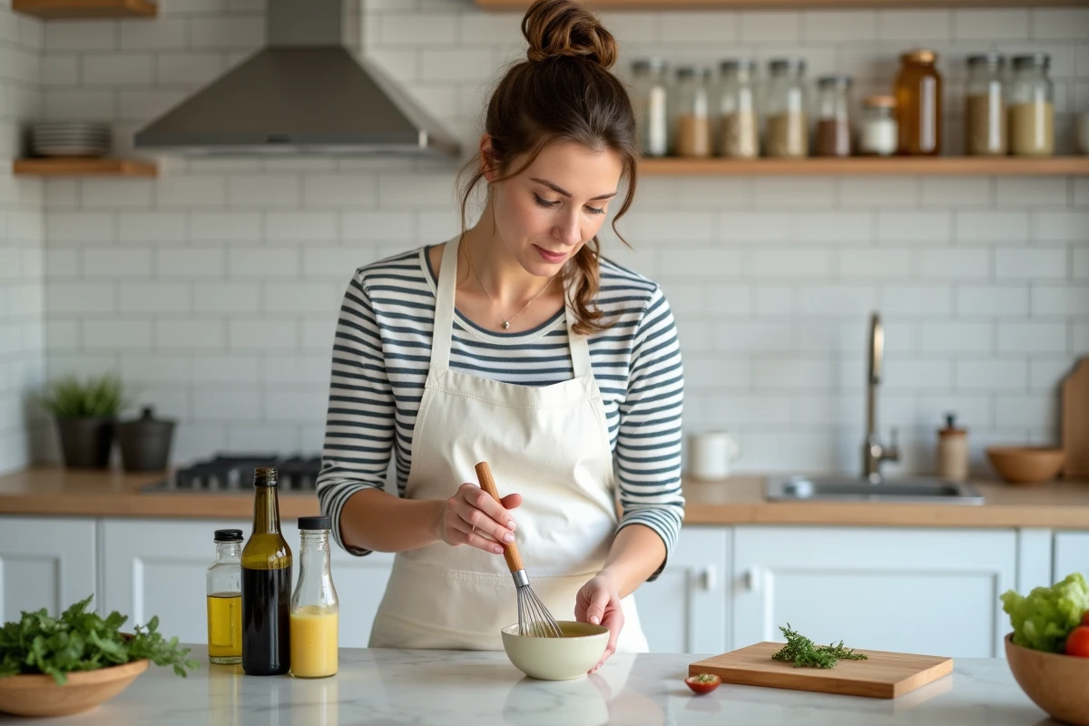 Femme préparant une vinaigrette maison en fouettant les ingrédients dans un bol en céramique sur un plan de travail en marbre avec huile d'olive, moutarde et vinaigre