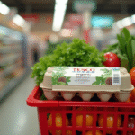 Panier avec produits bio Tesco et légumes frais dans un supermarché