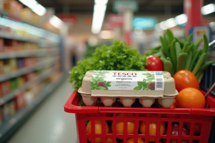 Panier avec produits bio Tesco et légumes frais dans un supermarché