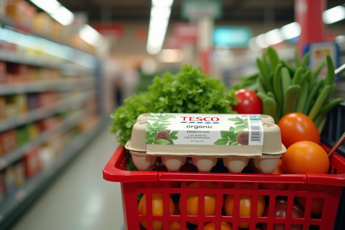 Panier avec produits bio Tesco et légumes frais dans un supermarché
