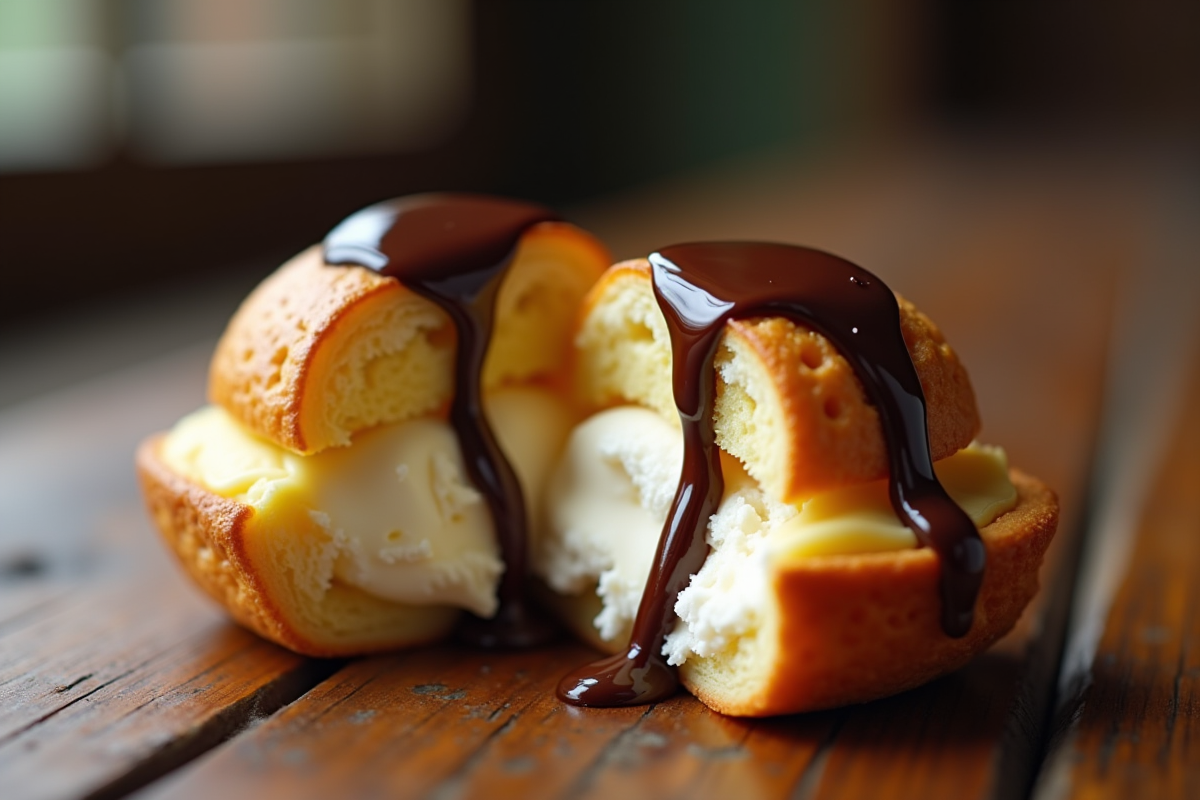 Profiterole coupé révélant la crème glacée à la vanille