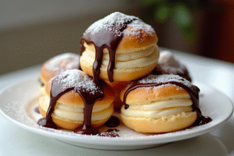 Profiteroles françaises empilées avec sauce chocolat