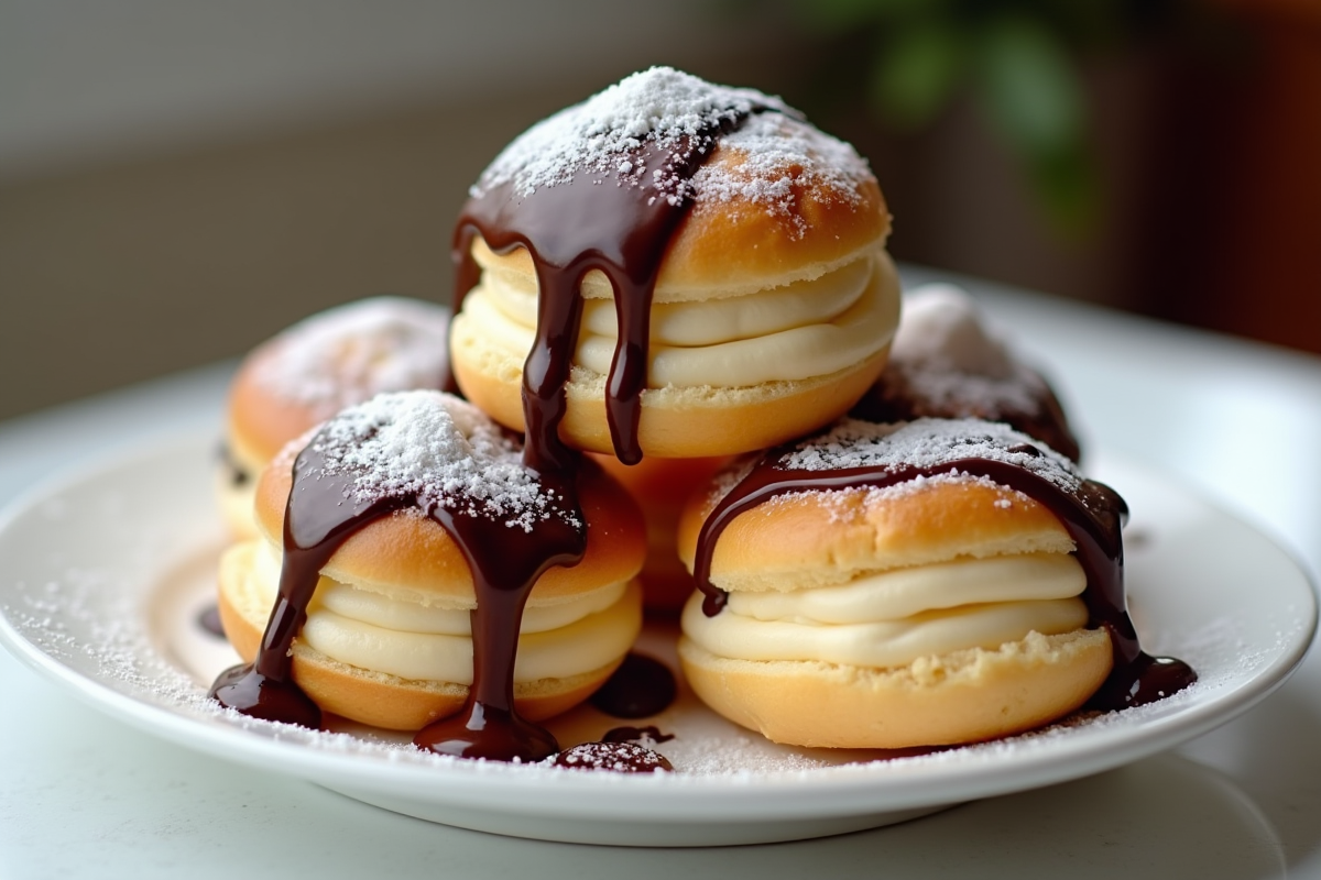 Profiteroles françaises empilées avec sauce chocolat