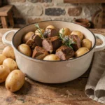 Ragoût d'agneau à l'ancienne servi dans une cocotte en fonte émaillée avec des pommes de terre fondantes et des herbes fraîches sur une table en chêne rustique