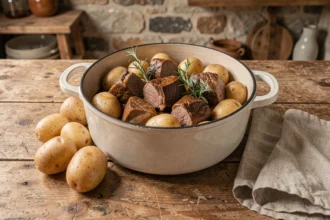 Ragoût d'agneau à l'ancienne servi dans une cocotte en fonte émaillée avec des pommes de terre fondantes et des herbes fraîches sur une table en chêne rustique