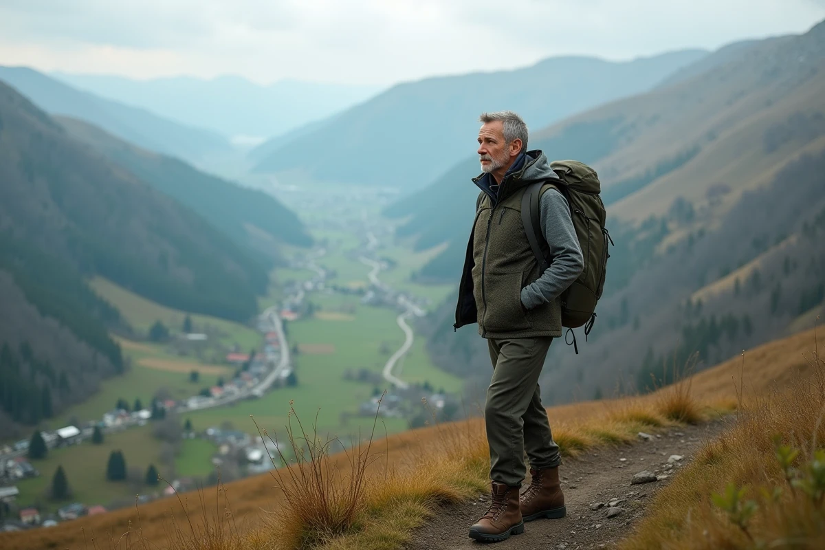 Randonneur sur un sentier des Pyrénées basques près de Dancharia avec vue sur la vallée