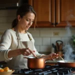 Cuisinière en tablier de lin qui remue une sauce de rôti de veau dans une casserole en cuivre sur un fourneau à gaz