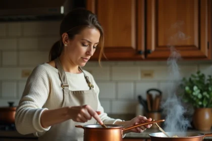 Cuisinière en tablier de lin qui remue une sauce de rôti de veau dans une casserole en cuivre sur un fourneau à gaz