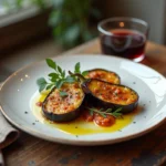 Recette d'aubergines façon bistrot servie sur une assiette en céramique blanche avec herbes fraîches et huile d'olive, ambiance bistrot parisien rustique