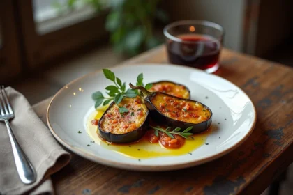 Recette d'aubergines façon bistrot servie sur une assiette en céramique blanche avec herbes fraîches et huile d'olive, ambiance bistrot parisien rustique