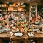 Dîner convivial entre amis autour d'une grande table en bois rustique avec des plats partagés et des verres de vin pour 10 personnes