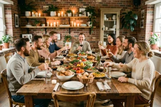 Dîner convivial entre amis autour d'une grande table en bois rustique avec des plats partagés et des verres de vin pour 10 personnes