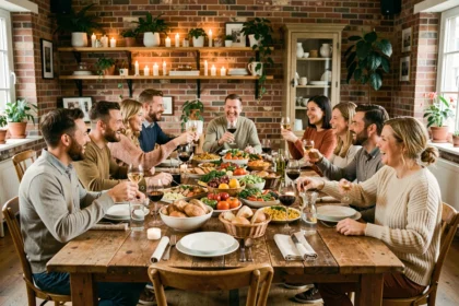 Dîner convivial entre amis autour d'une grande table en bois rustique avec des plats partagés et des verres de vin pour 10 personnes