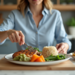 Femme préparant un repas équilibré dans la cuisine