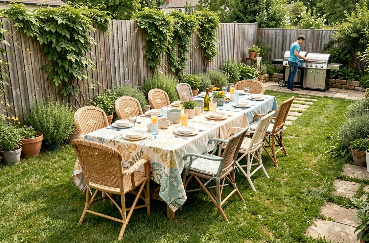 Repas en plein air entre amis dans un jardin avec de grandes tables dressées pour 10 convives et un barbecue