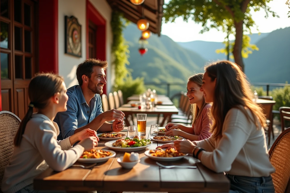 Famille dégustant des pintxos dans un restaurant basque traditionnel près de la Venta Peio Dancharia